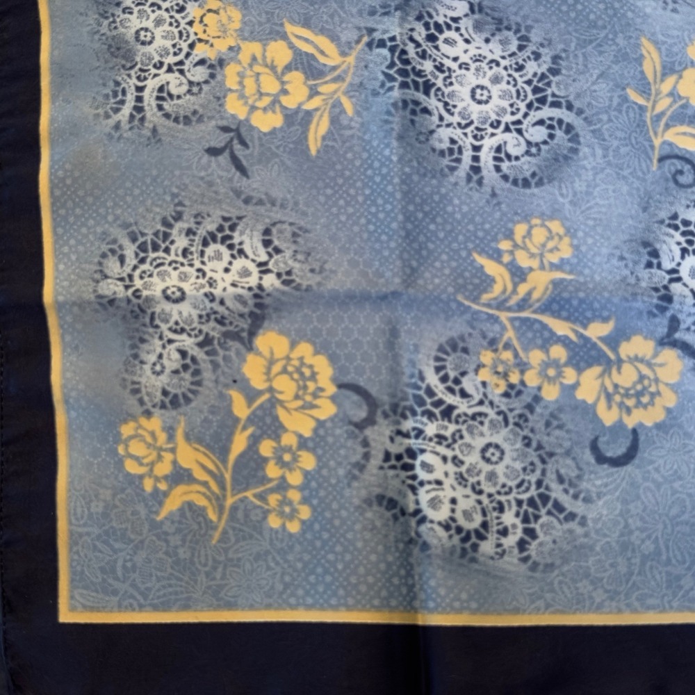George Blue Floral Lace Print Square Scarf Made in Italy Navy Border Cottagecore